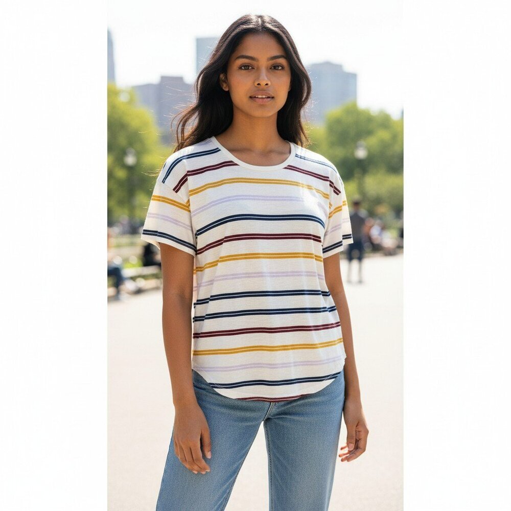 Madewell Womens Small Ivory Striped Cotton Short Sleeve Round Neck T Shirt Tee S